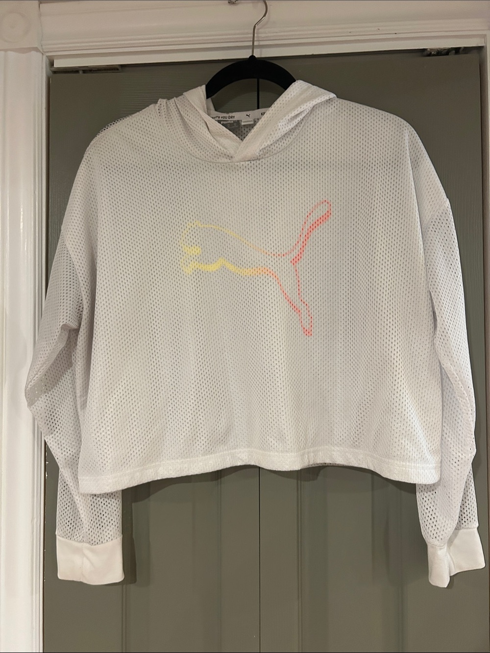 Puma White Cropped Mesh Hoodie with Yellow-Pink Puma Logo